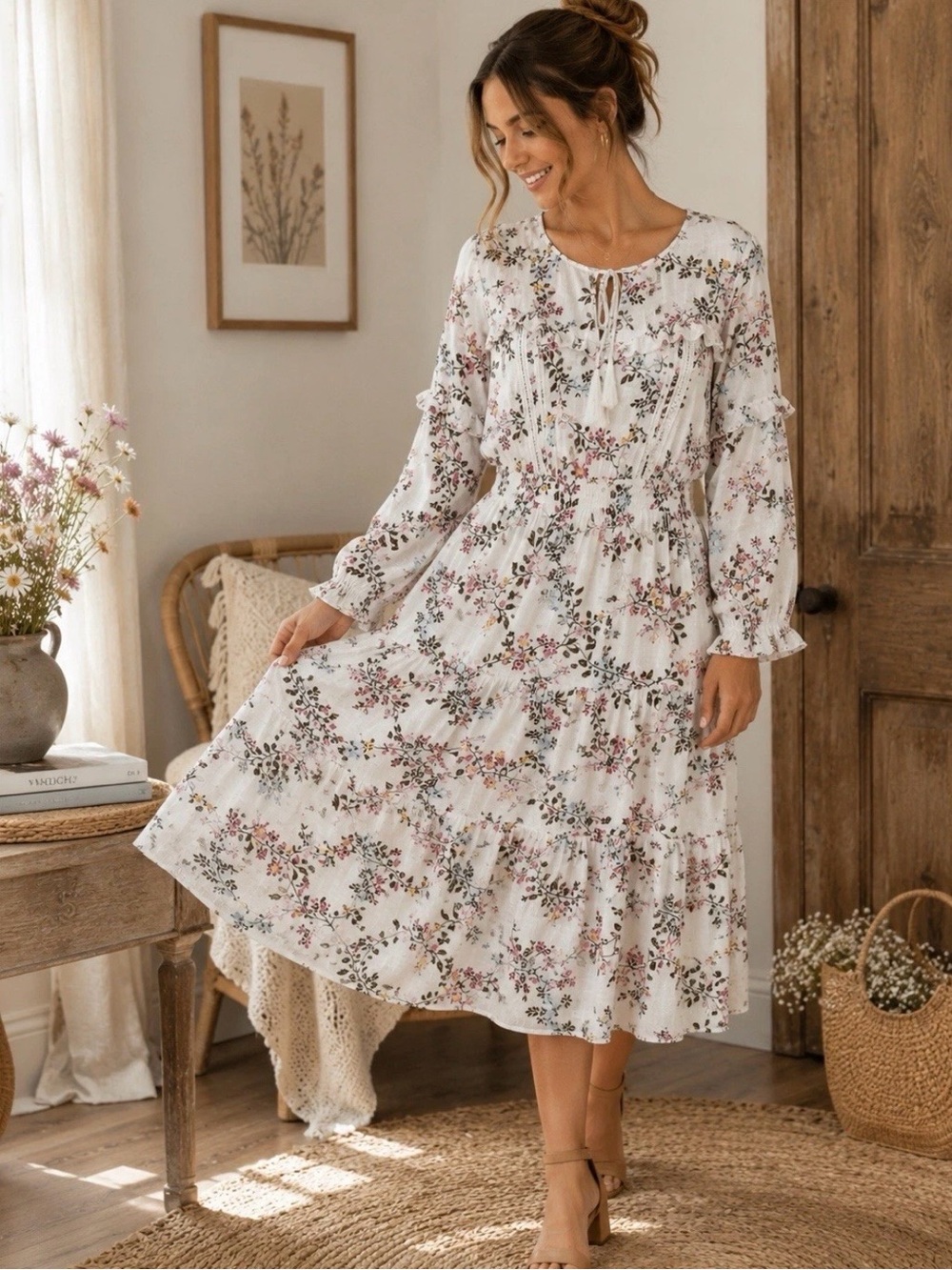 American Rag white floral tiered long sleeve midi dress sz L bohemian western